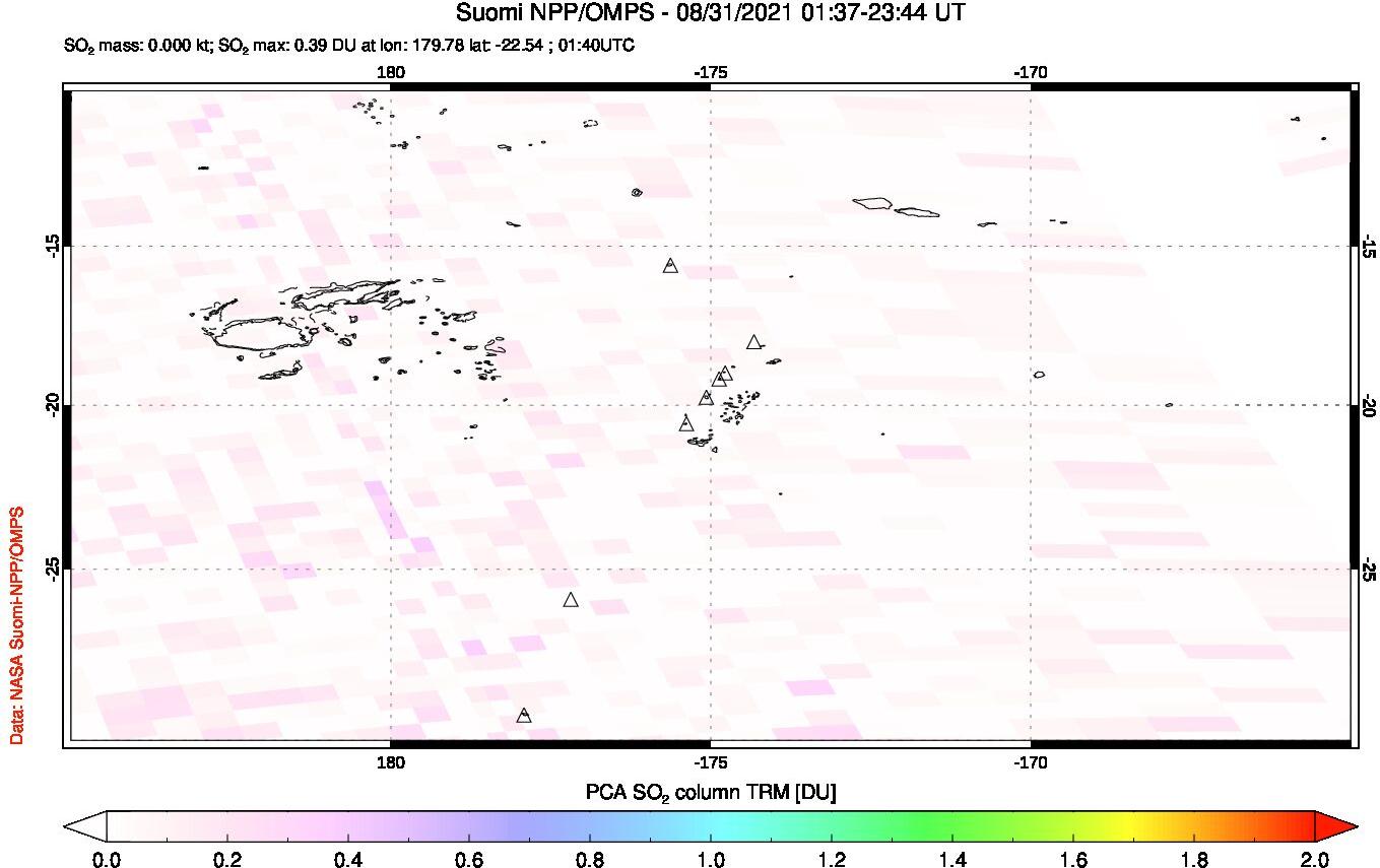 A sulfur dioxide image over Tonga, South Pacific on Aug 31, 2021.