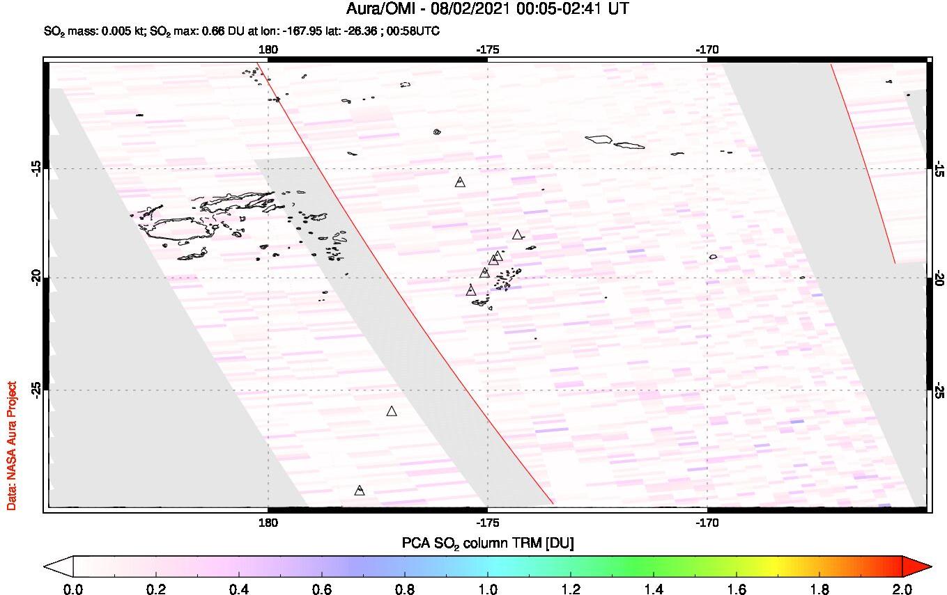 A sulfur dioxide image over Tonga, South Pacific on Aug 02, 2021.