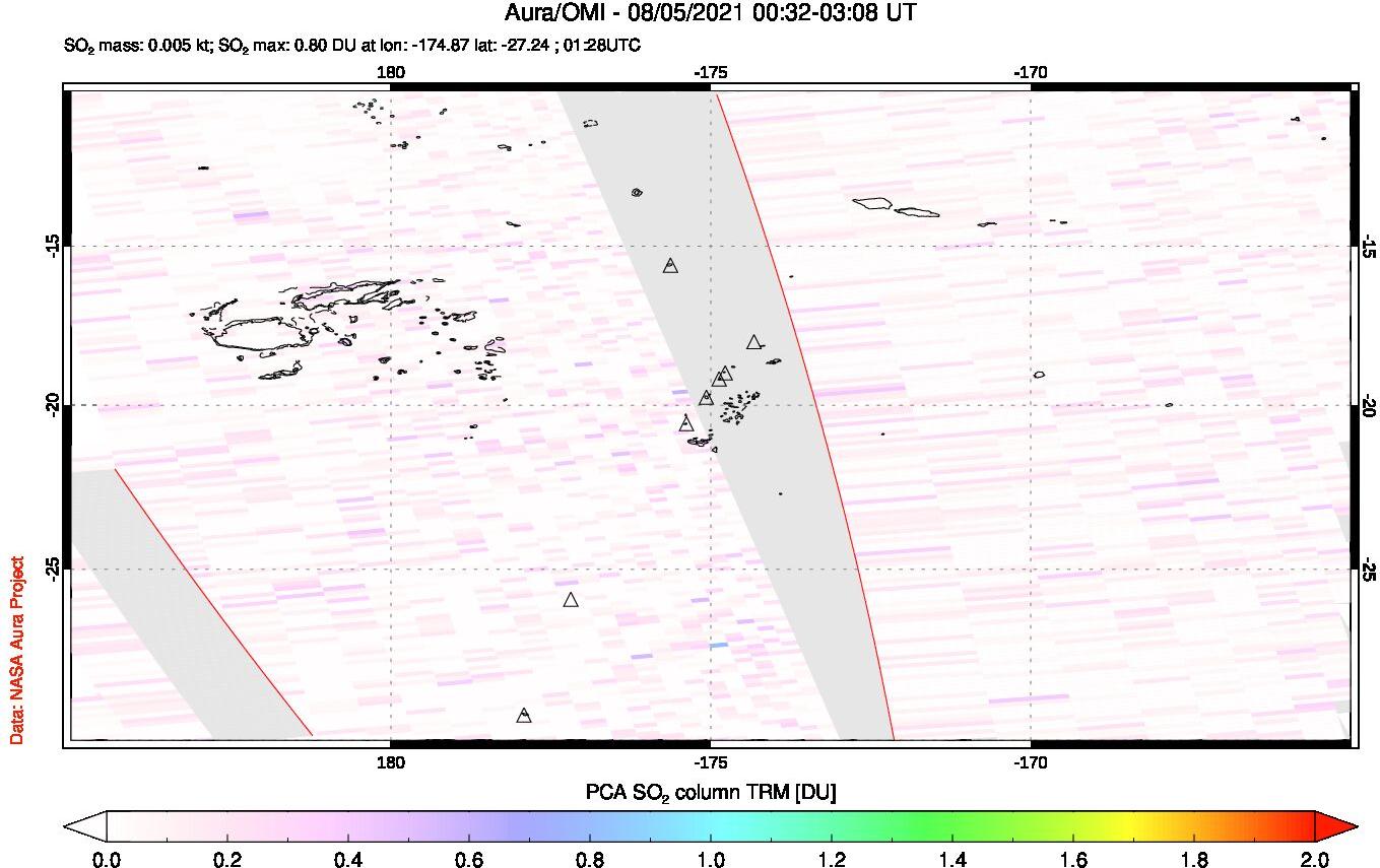 A sulfur dioxide image over Tonga, South Pacific on Aug 05, 2021.