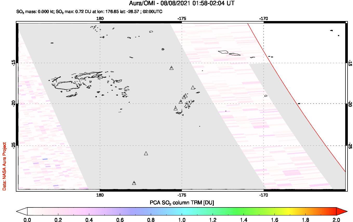 A sulfur dioxide image over Tonga, South Pacific on Aug 08, 2021.