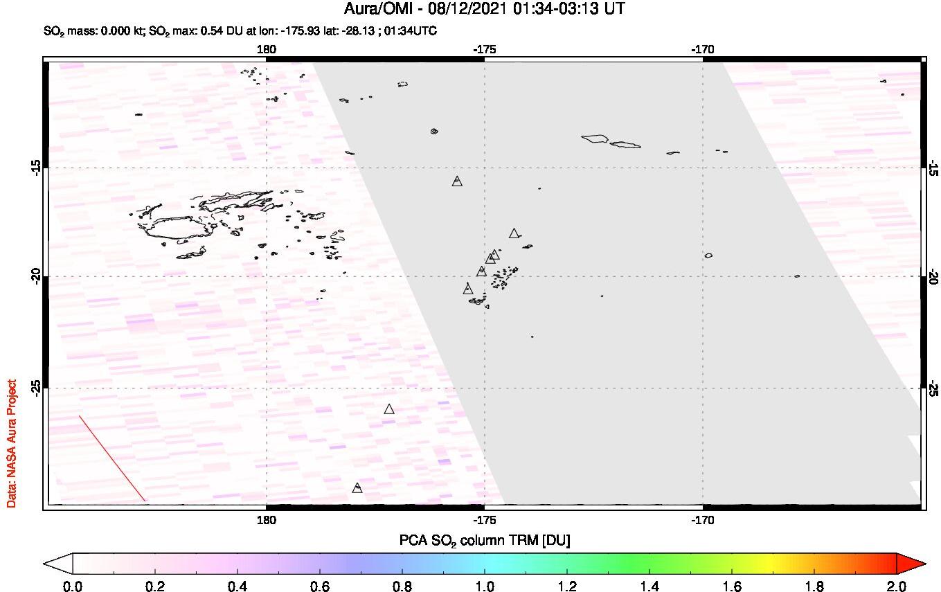 A sulfur dioxide image over Tonga, South Pacific on Aug 12, 2021.