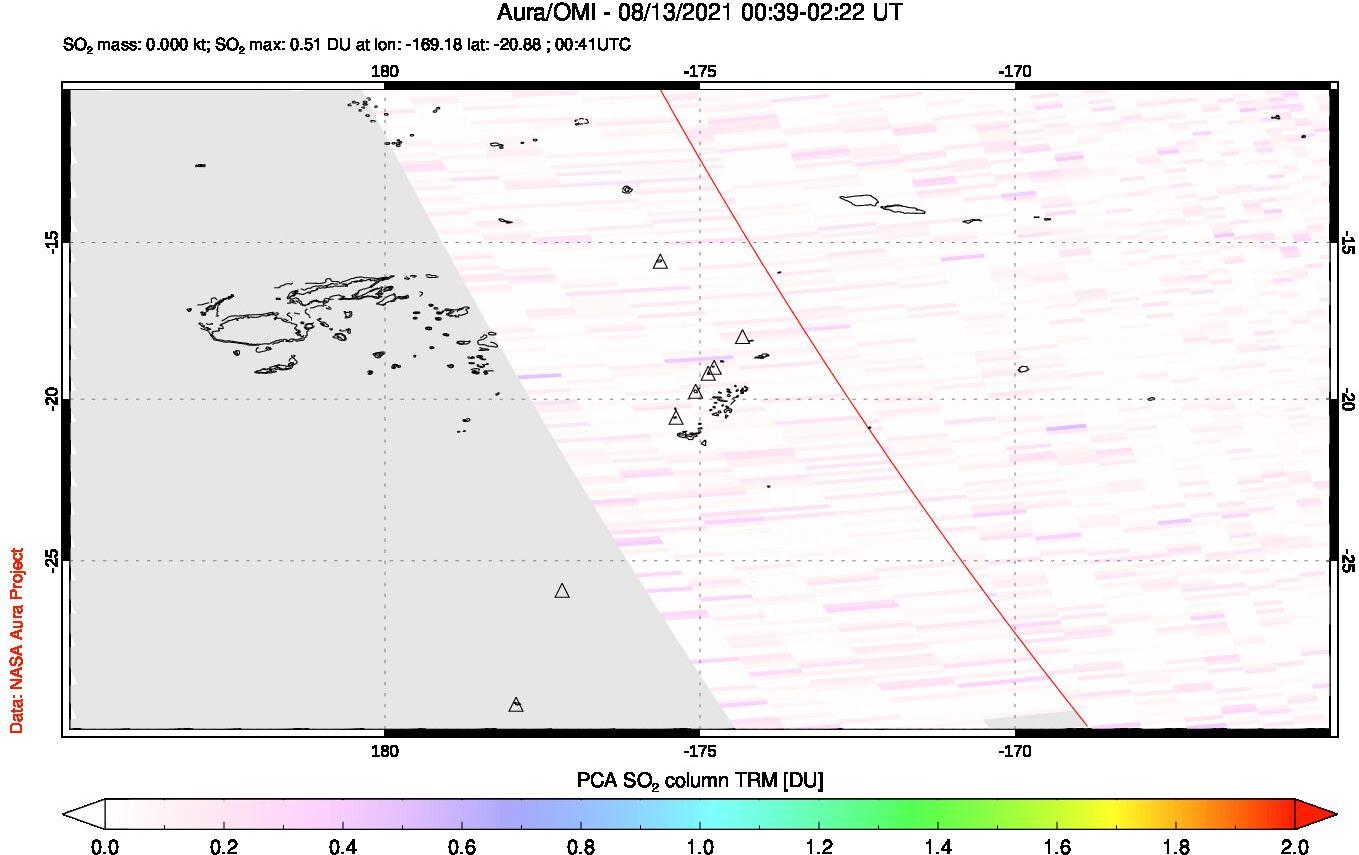 A sulfur dioxide image over Tonga, South Pacific on Aug 13, 2021.