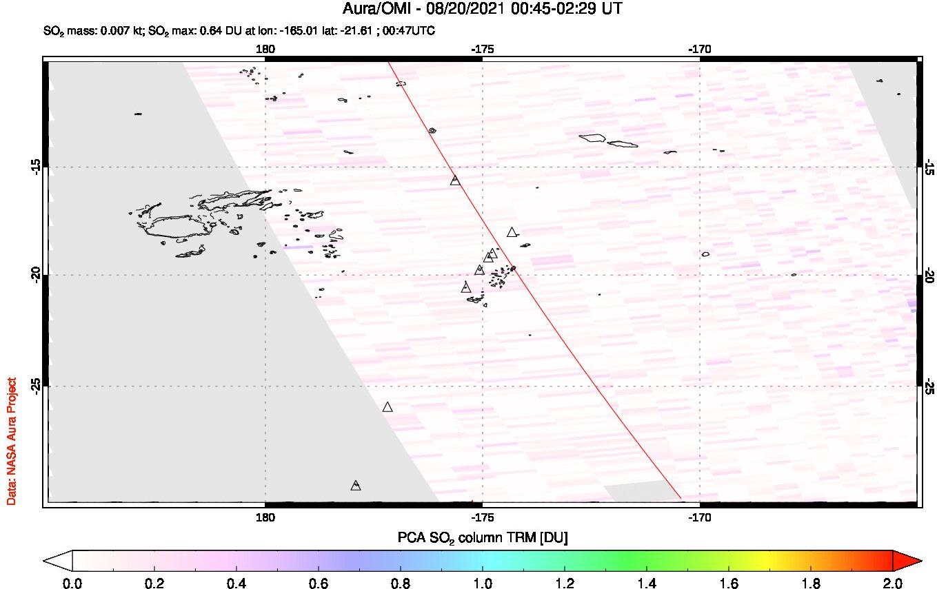 A sulfur dioxide image over Tonga, South Pacific on Aug 20, 2021.