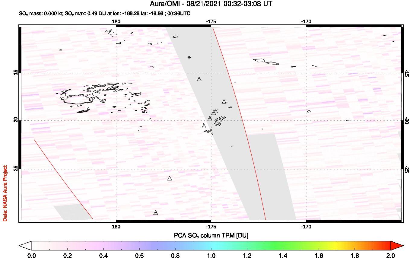 A sulfur dioxide image over Tonga, South Pacific on Aug 21, 2021.