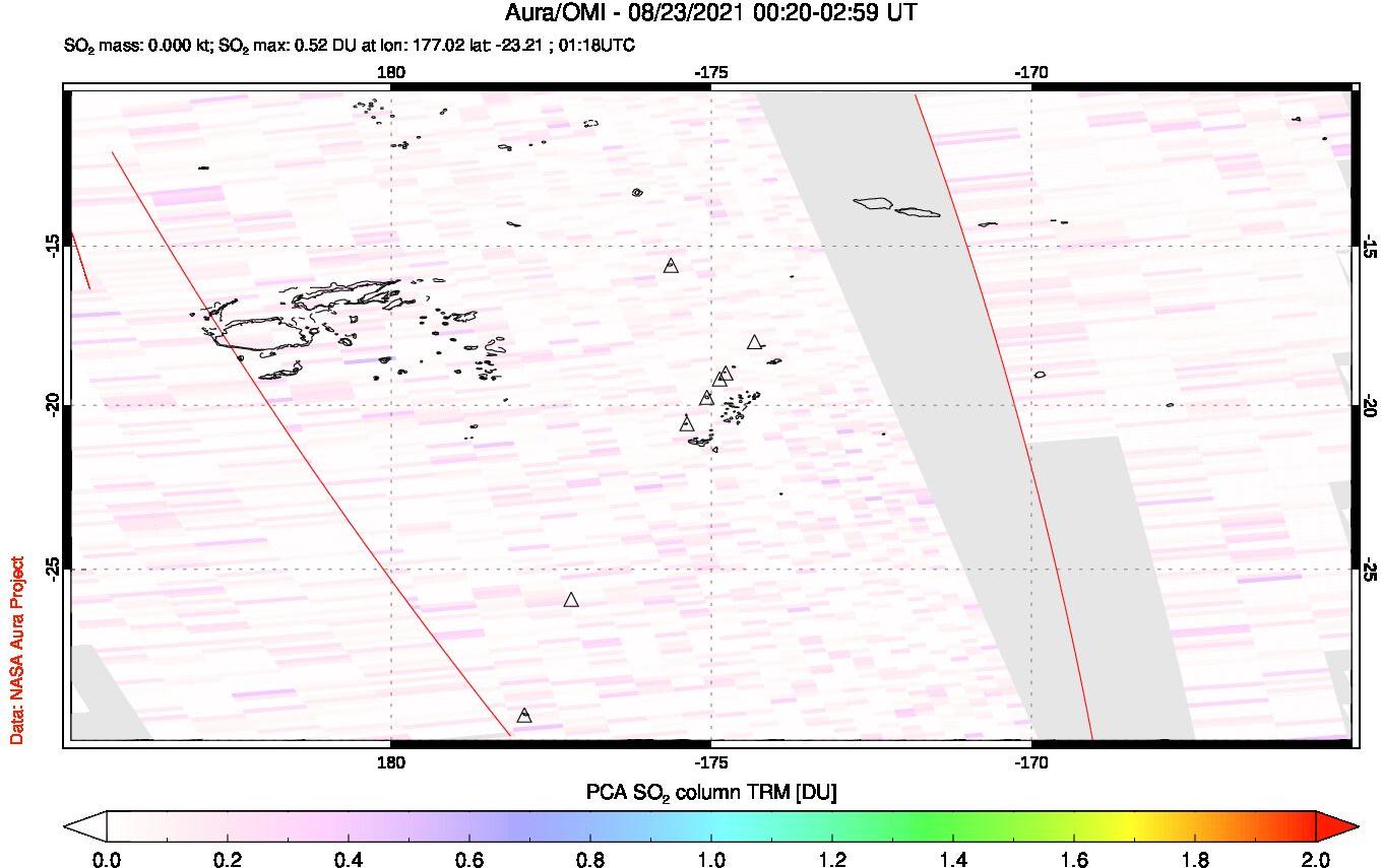 A sulfur dioxide image over Tonga, South Pacific on Aug 23, 2021.