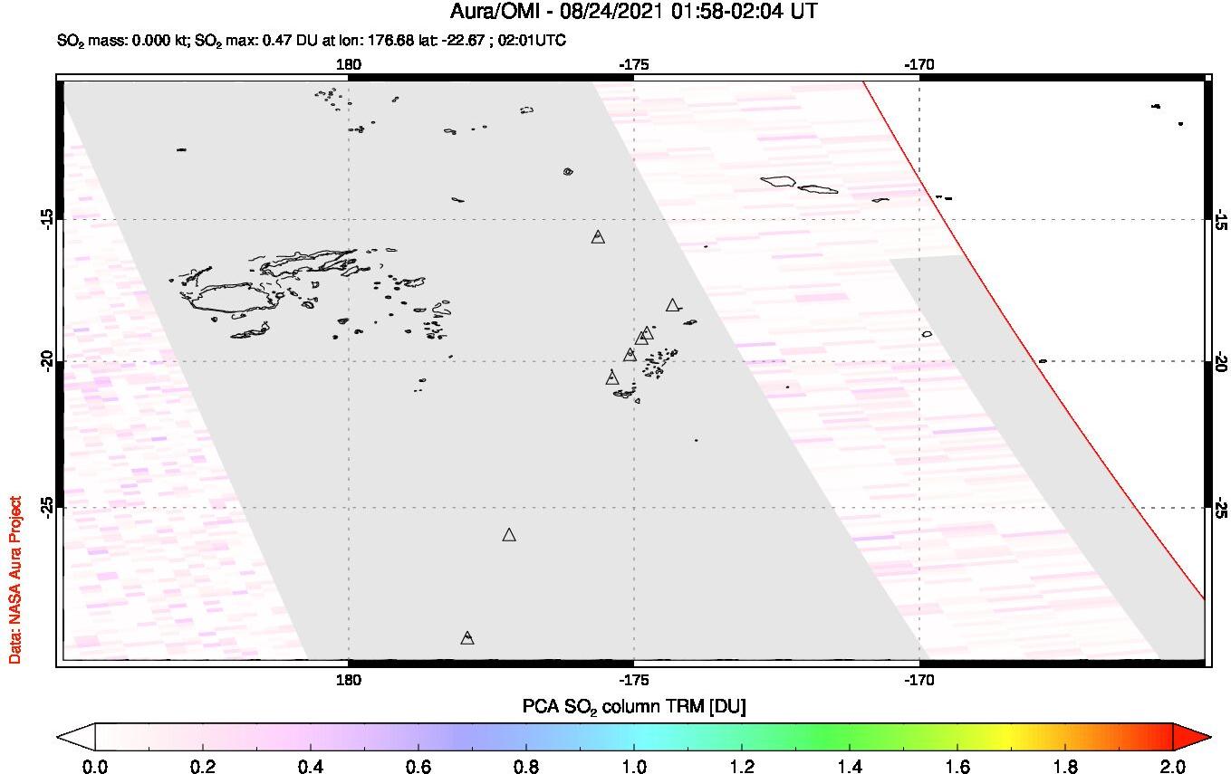 A sulfur dioxide image over Tonga, South Pacific on Aug 24, 2021.