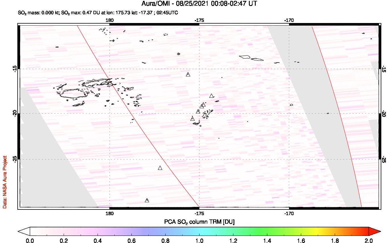 A sulfur dioxide image over Tonga, South Pacific on Aug 25, 2021.
