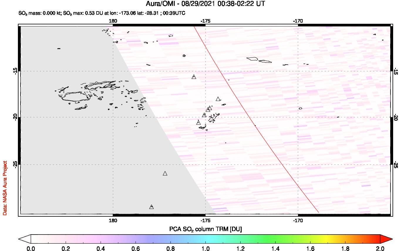 A sulfur dioxide image over Tonga, South Pacific on Aug 29, 2021.