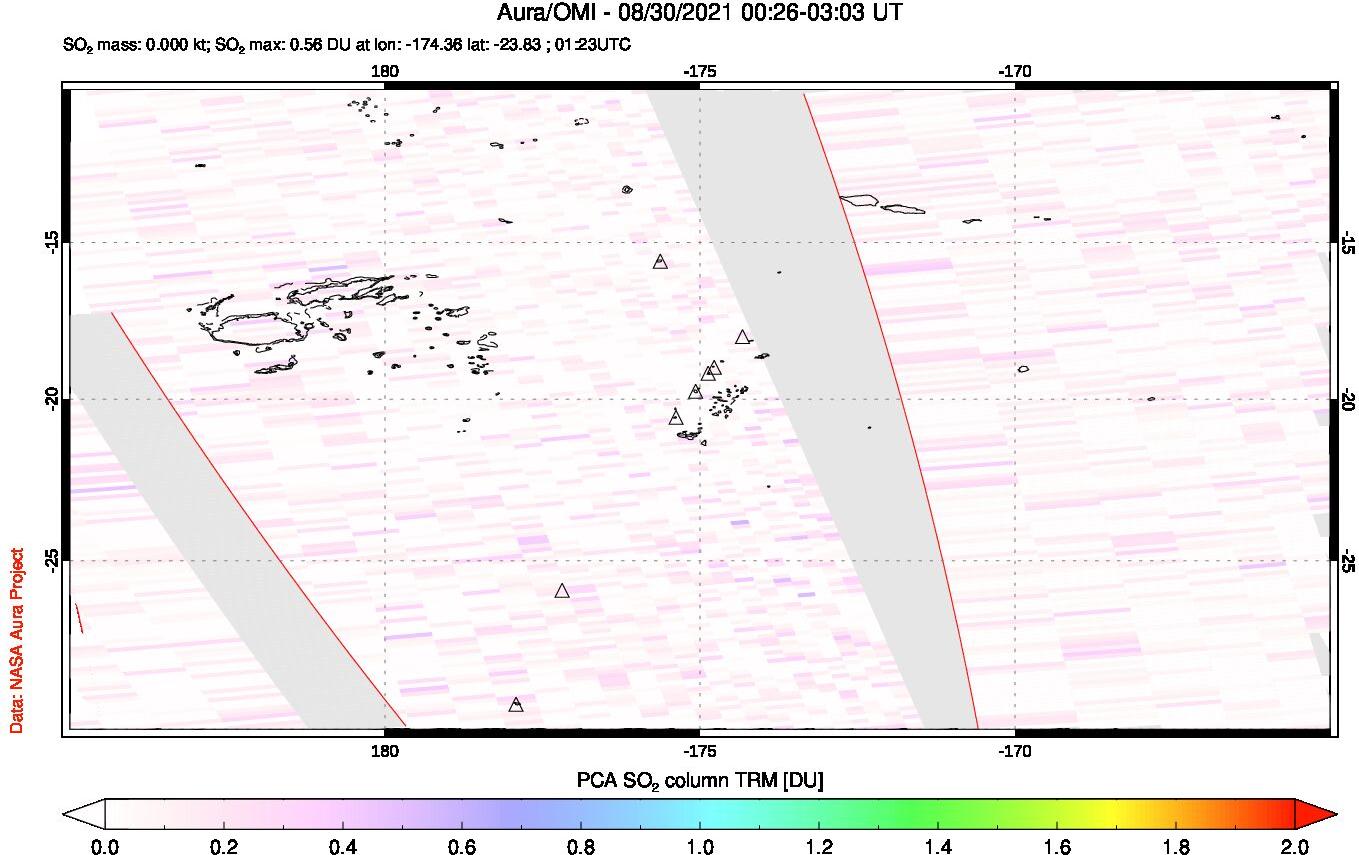 A sulfur dioxide image over Tonga, South Pacific on Aug 30, 2021.