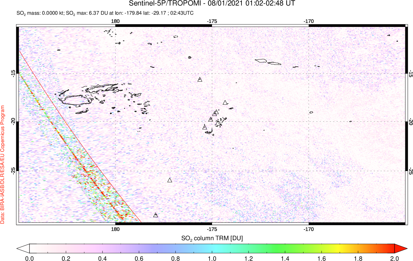 A sulfur dioxide image over Tonga, South Pacific on Aug 01, 2021.