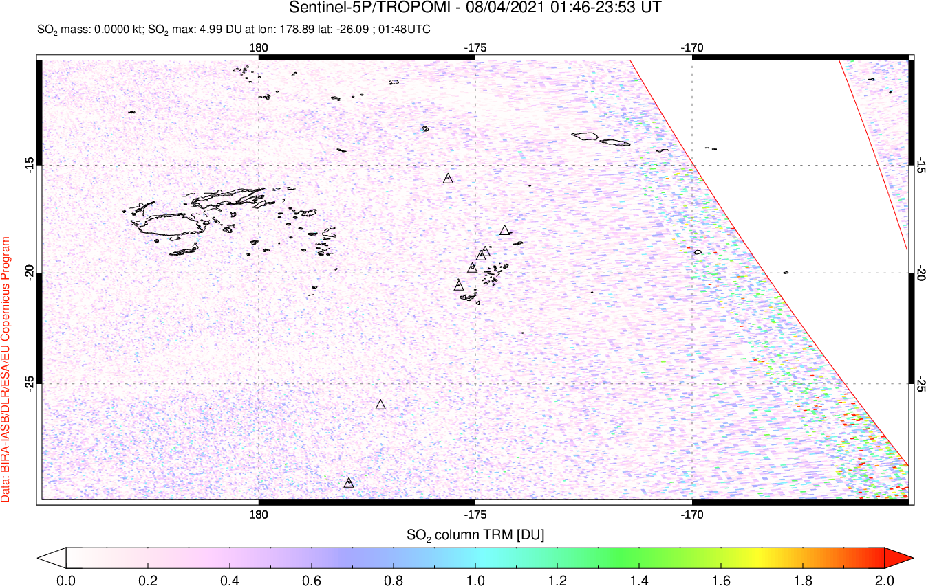 A sulfur dioxide image over Tonga, South Pacific on Aug 04, 2021.