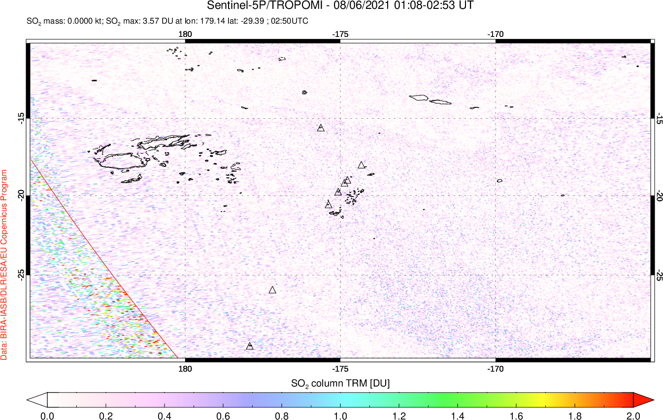 A sulfur dioxide image over Tonga, South Pacific on Aug 06, 2021.