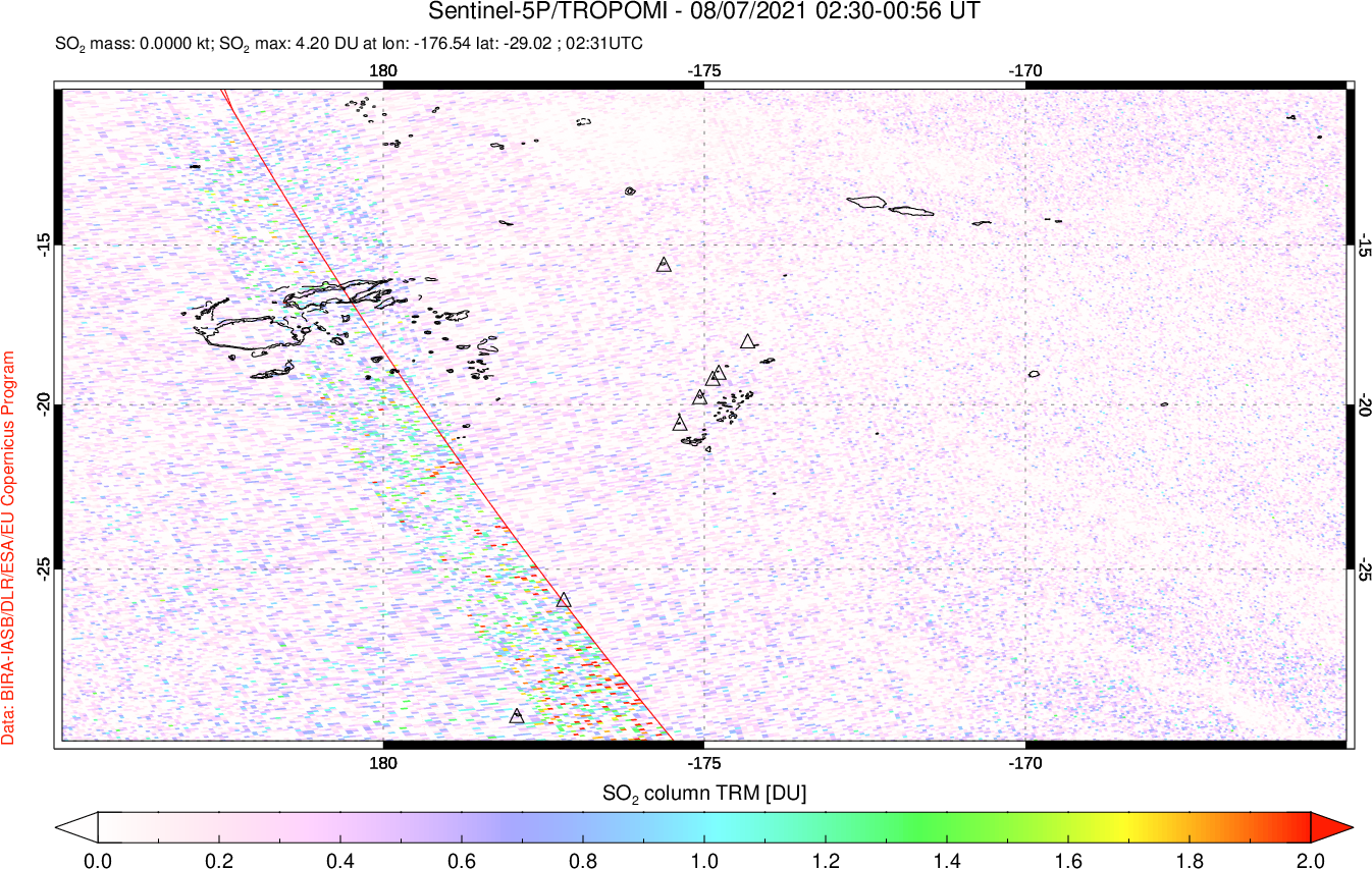 A sulfur dioxide image over Tonga, South Pacific on Aug 07, 2021.