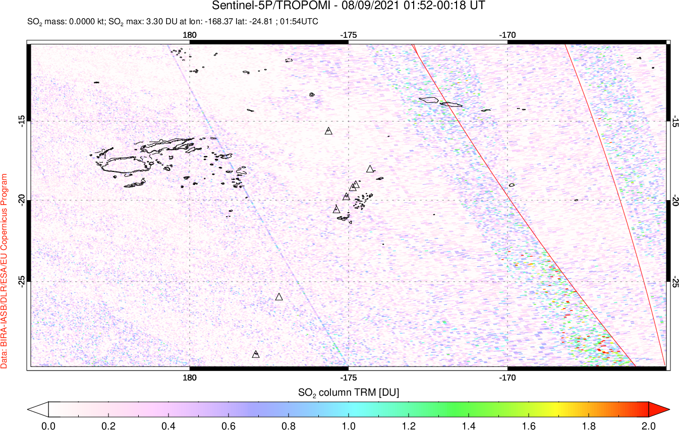 A sulfur dioxide image over Tonga, South Pacific on Aug 09, 2021.
