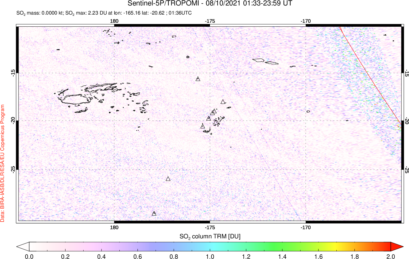 A sulfur dioxide image over Tonga, South Pacific on Aug 10, 2021.