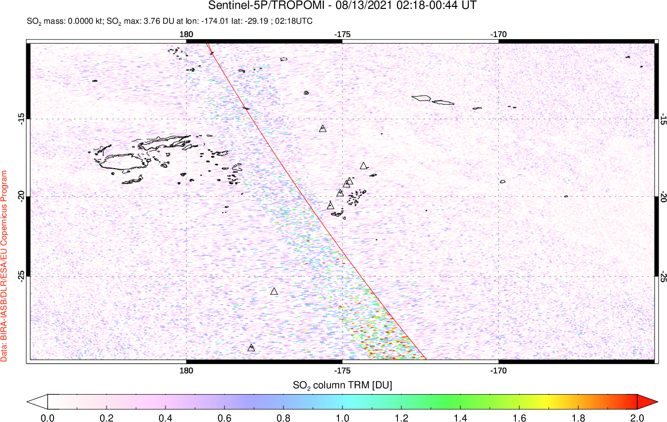 A sulfur dioxide image over Tonga, South Pacific on Aug 13, 2021.