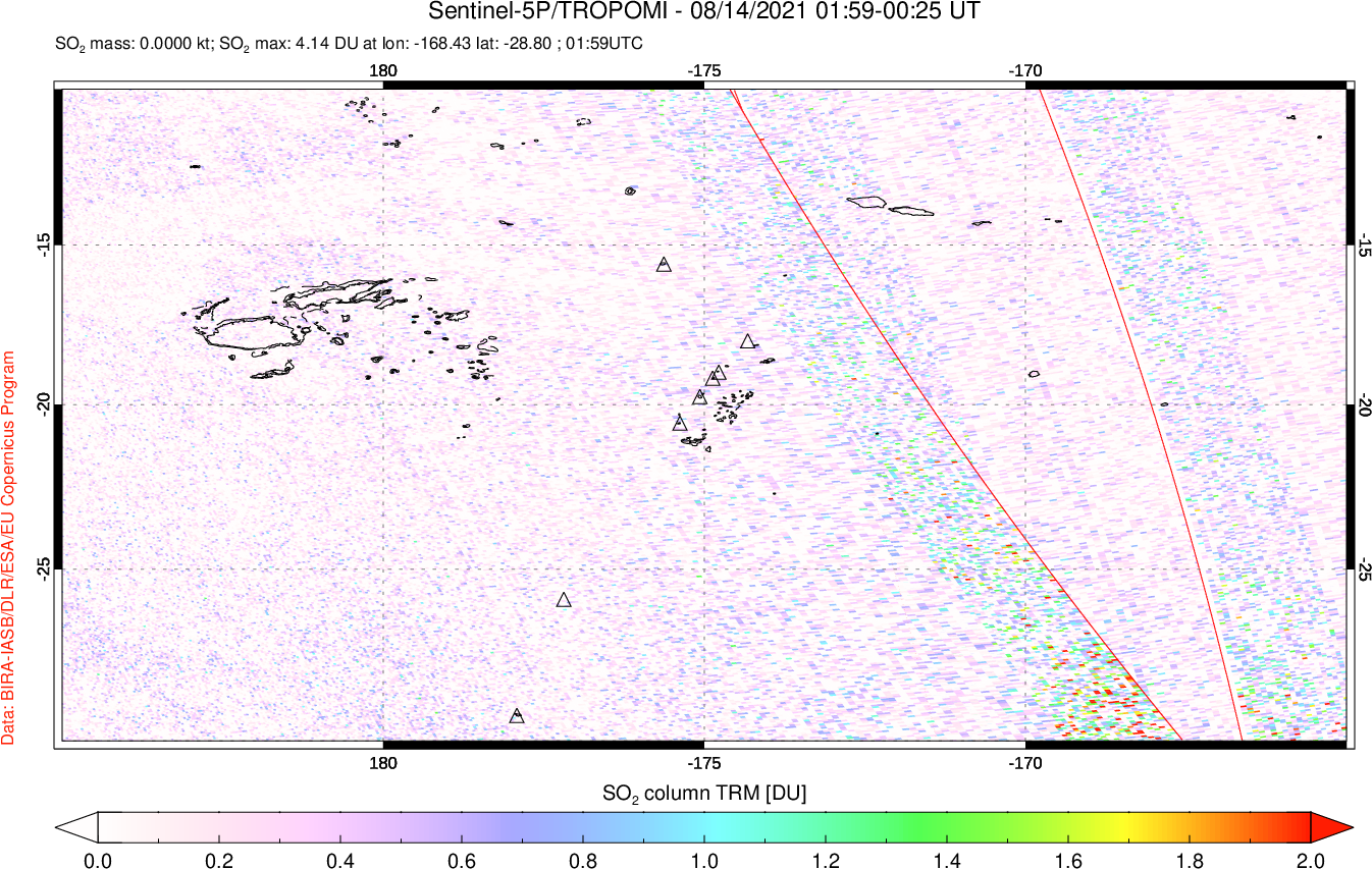 A sulfur dioxide image over Tonga, South Pacific on Aug 14, 2021.