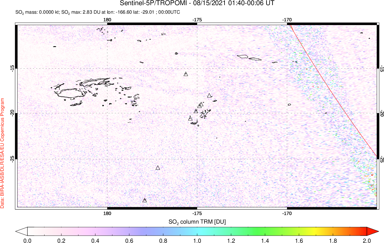 A sulfur dioxide image over Tonga, South Pacific on Aug 15, 2021.