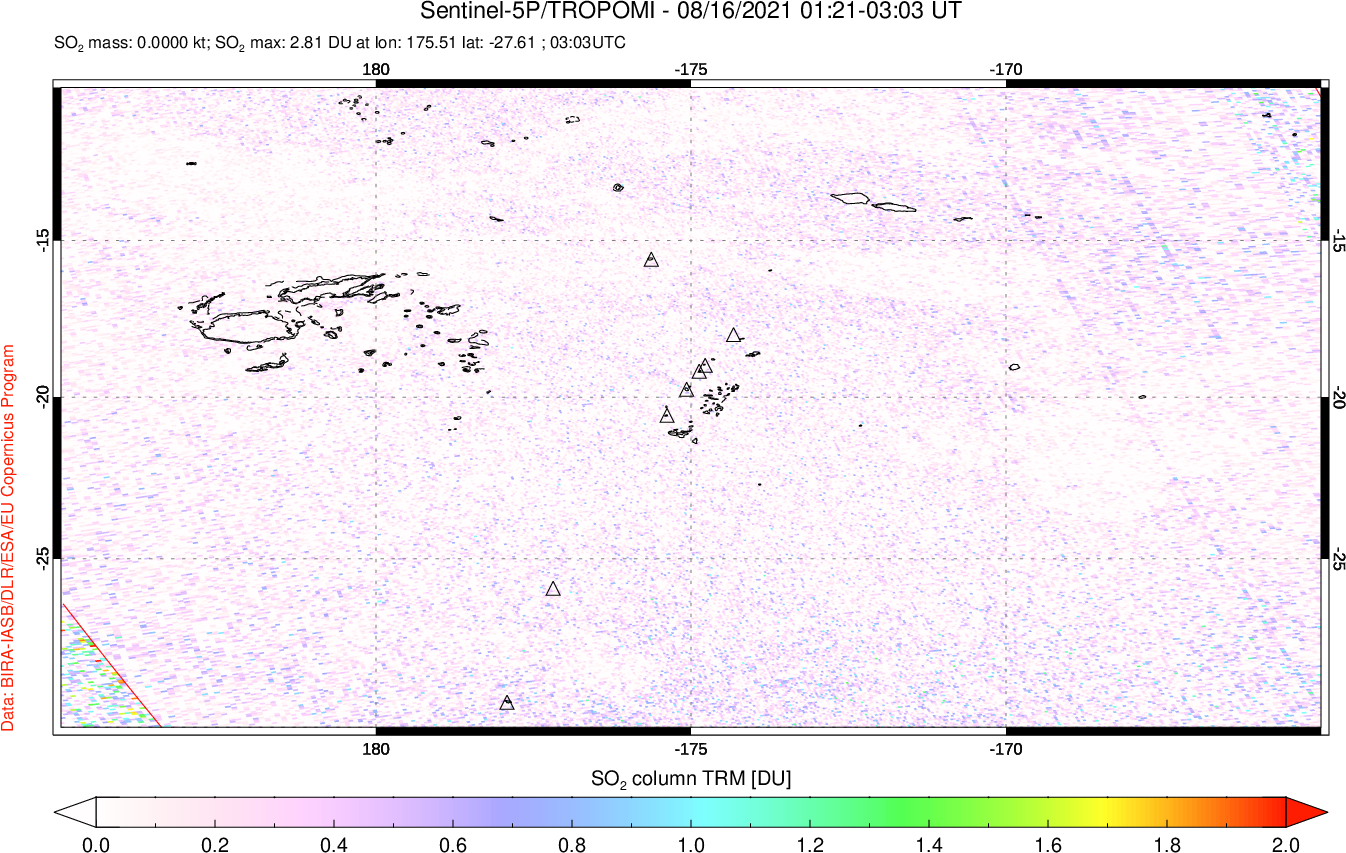 A sulfur dioxide image over Tonga, South Pacific on Aug 16, 2021.