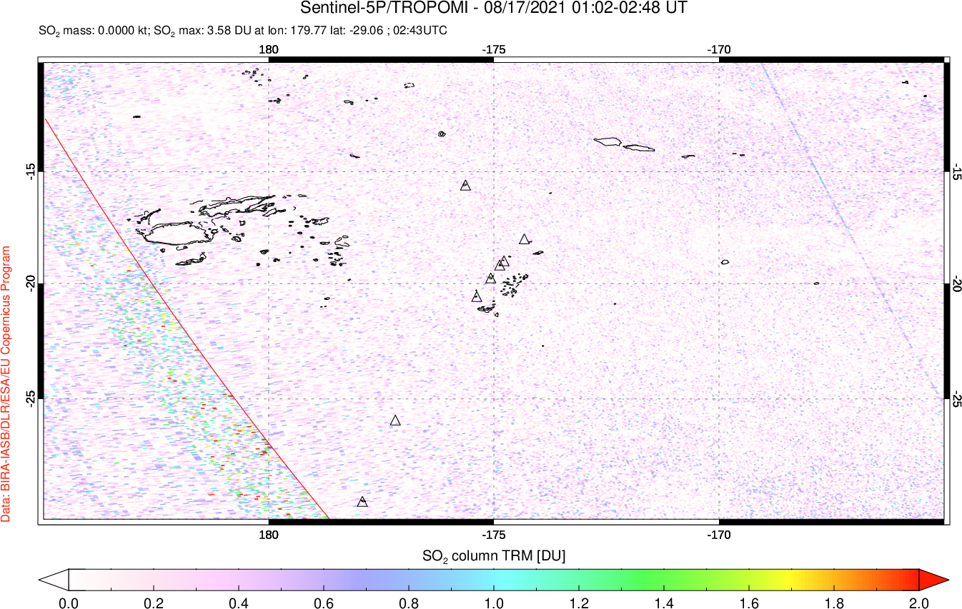 A sulfur dioxide image over Tonga, South Pacific on Aug 17, 2021.