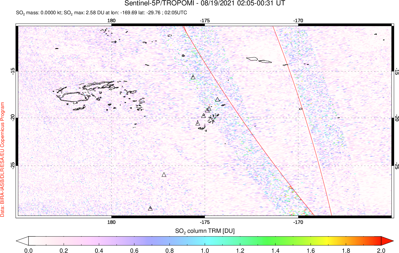 A sulfur dioxide image over Tonga, South Pacific on Aug 19, 2021.