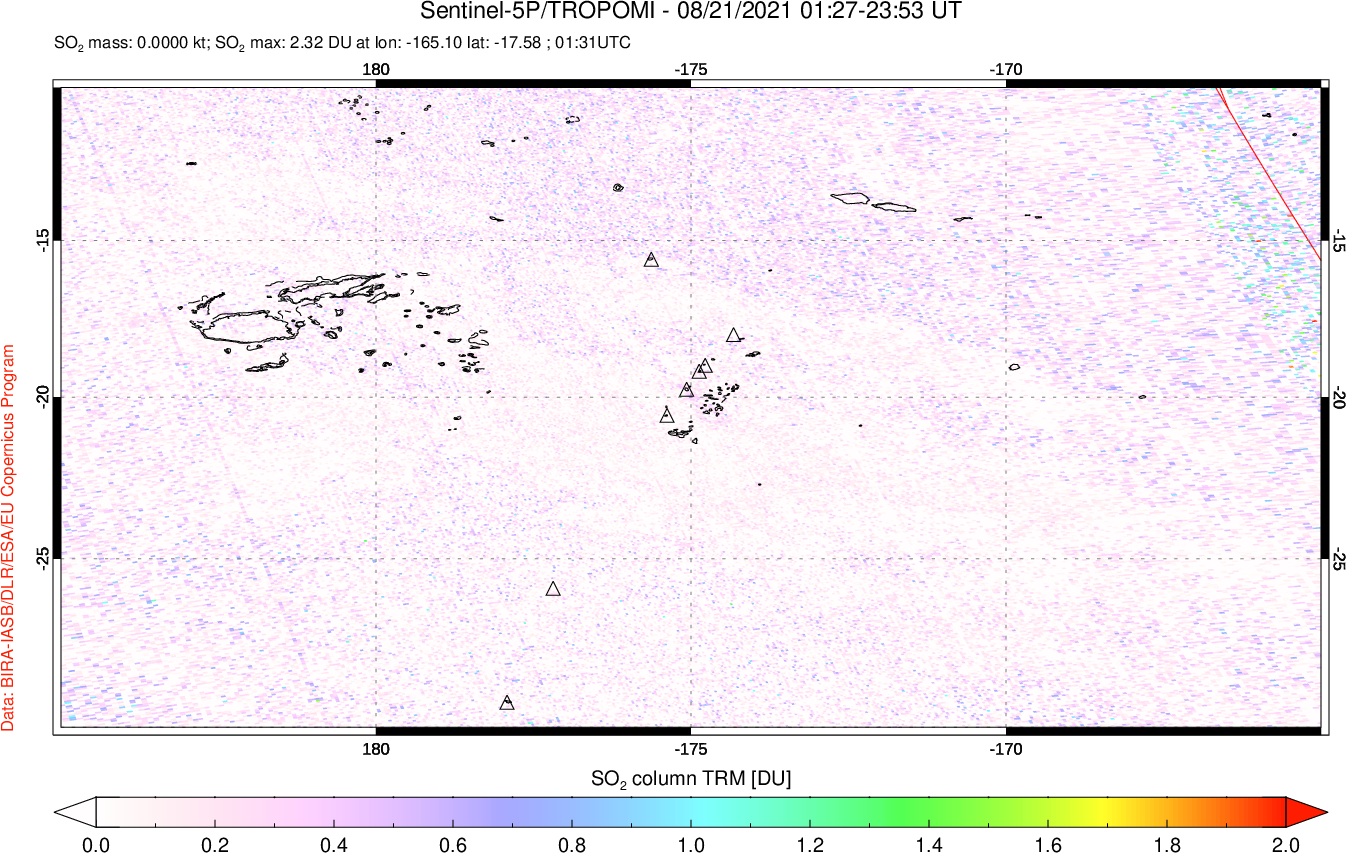 A sulfur dioxide image over Tonga, South Pacific on Aug 21, 2021.