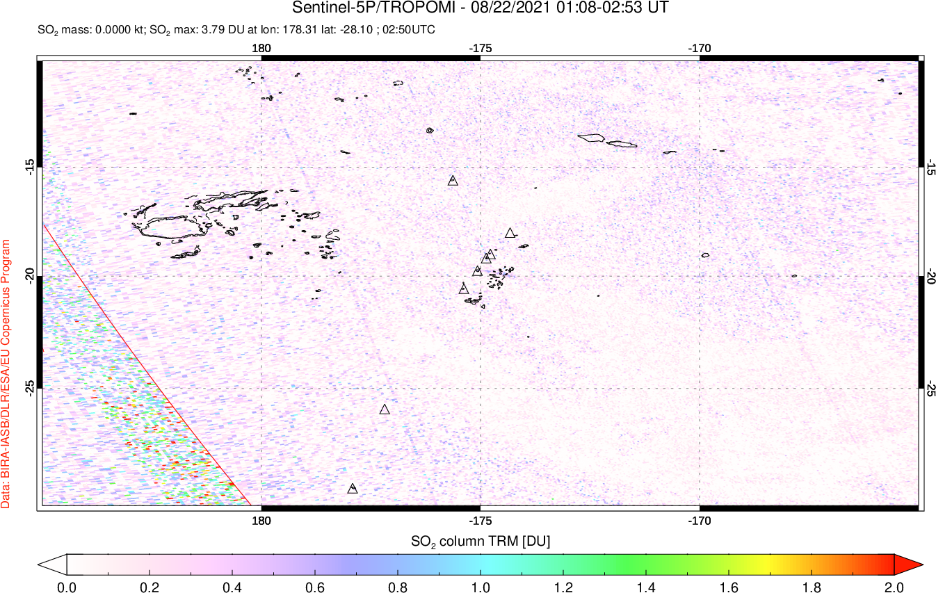 A sulfur dioxide image over Tonga, South Pacific on Aug 22, 2021.