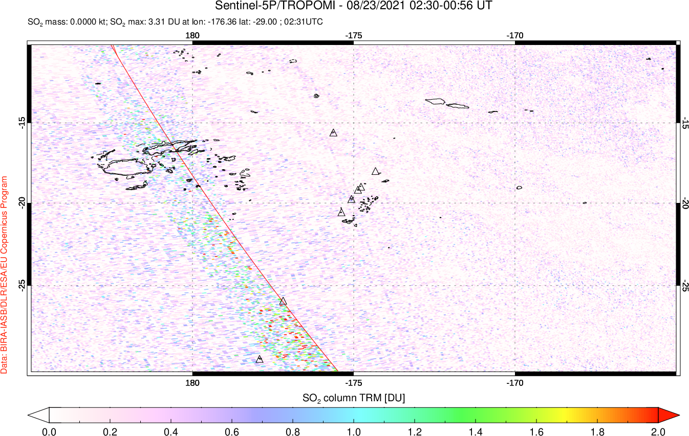 A sulfur dioxide image over Tonga, South Pacific on Aug 23, 2021.