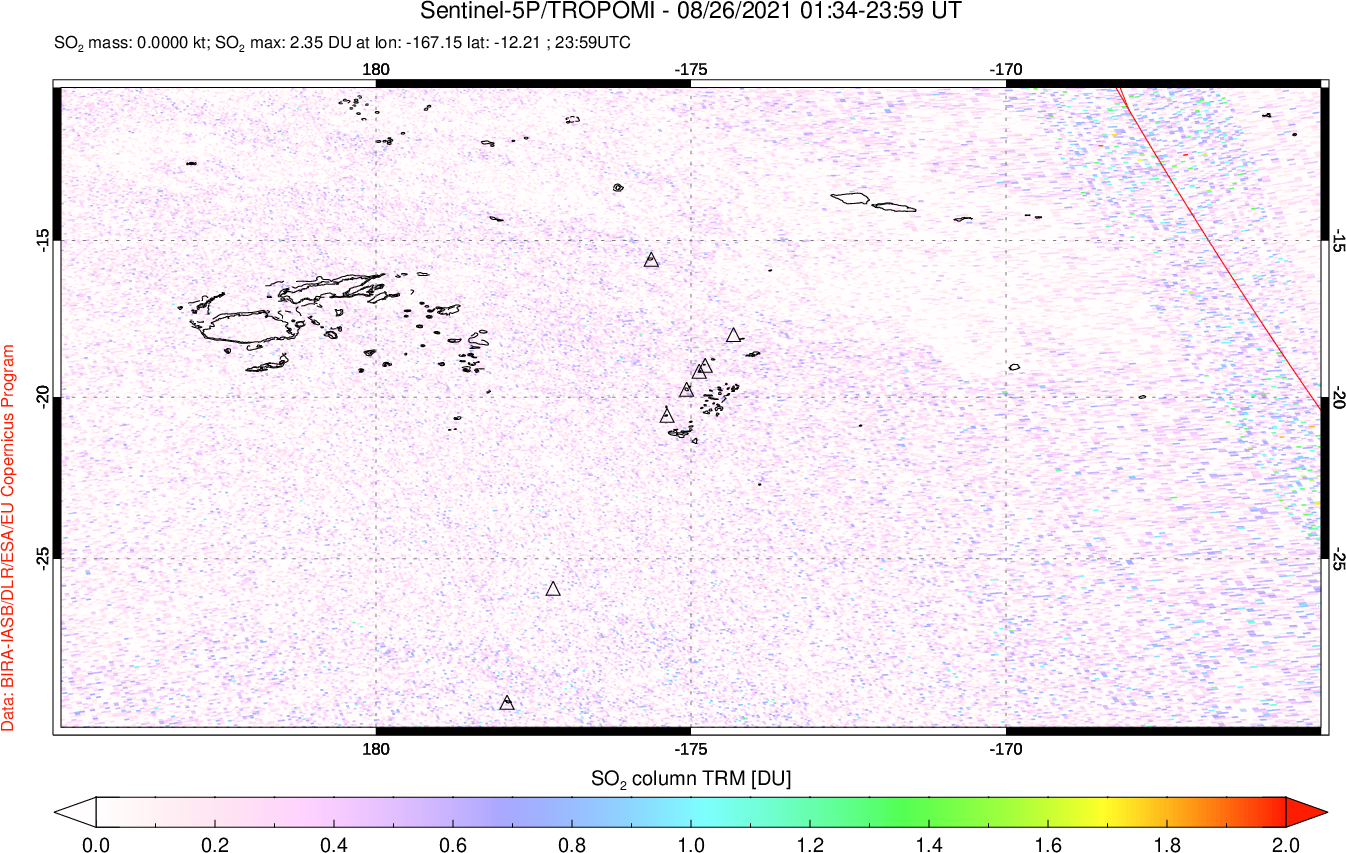 A sulfur dioxide image over Tonga, South Pacific on Aug 26, 2021.