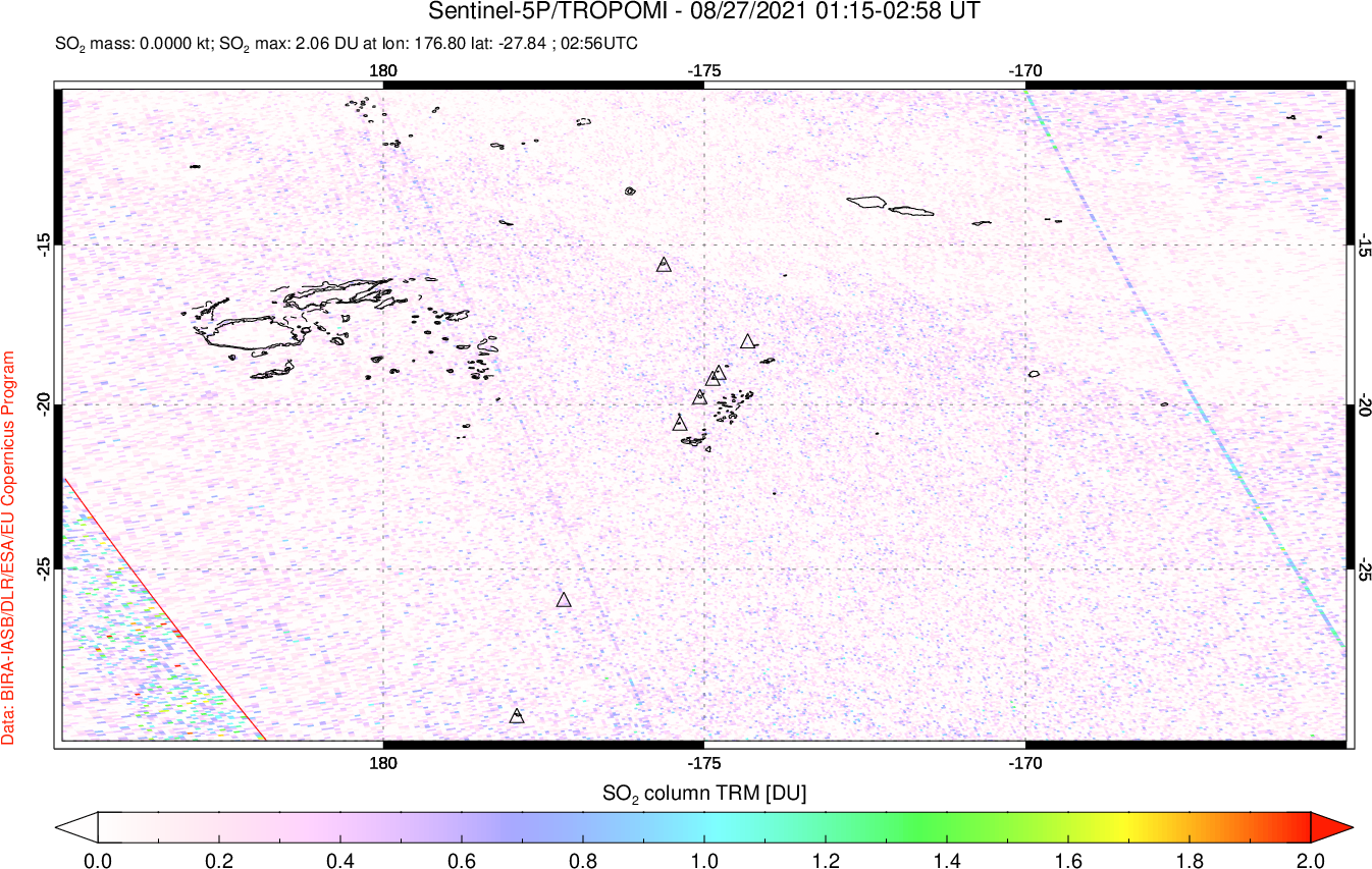 A sulfur dioxide image over Tonga, South Pacific on Aug 27, 2021.