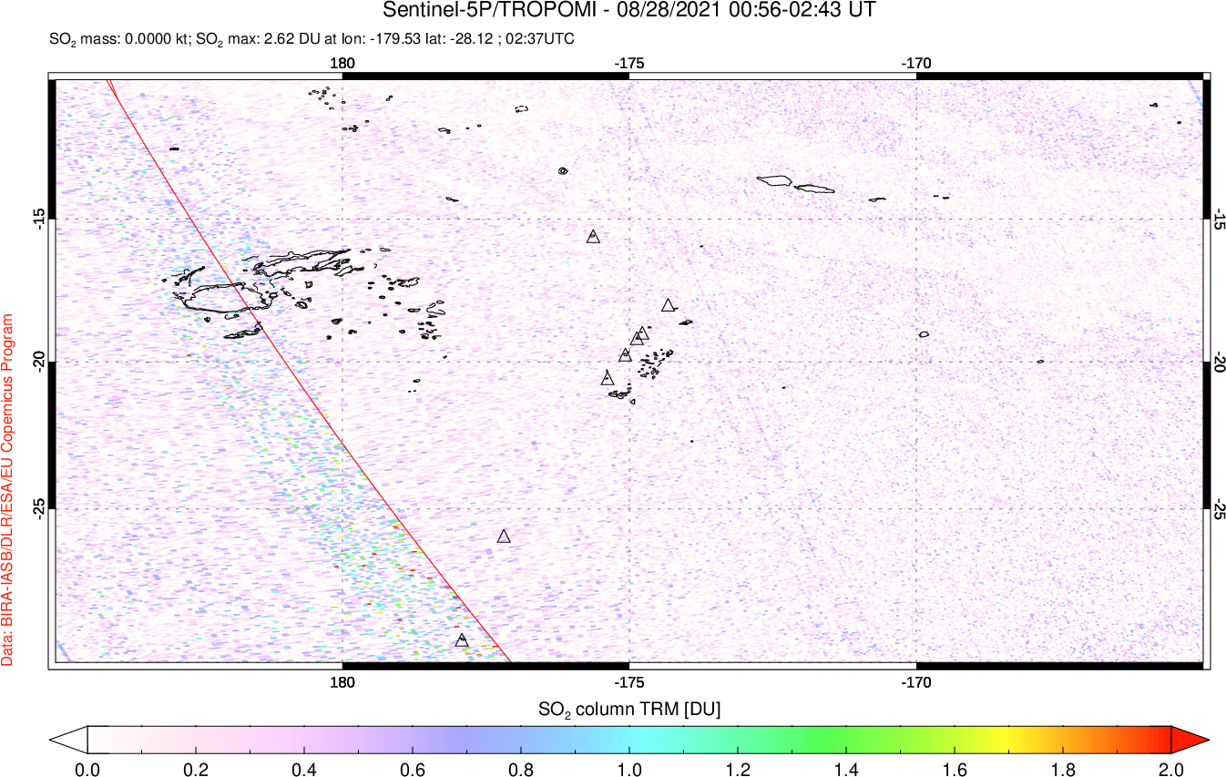 A sulfur dioxide image over Tonga, South Pacific on Aug 28, 2021.