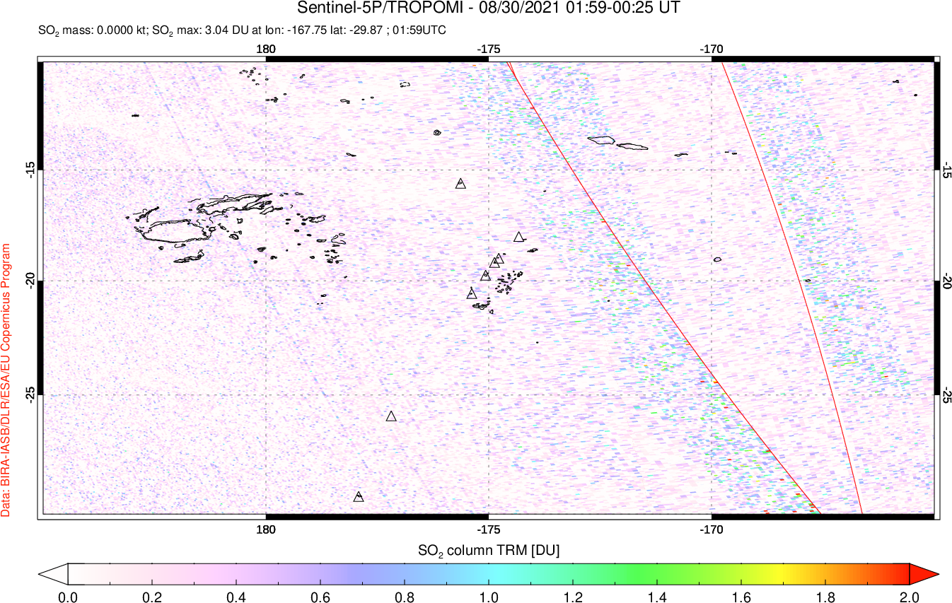 A sulfur dioxide image over Tonga, South Pacific on Aug 30, 2021.