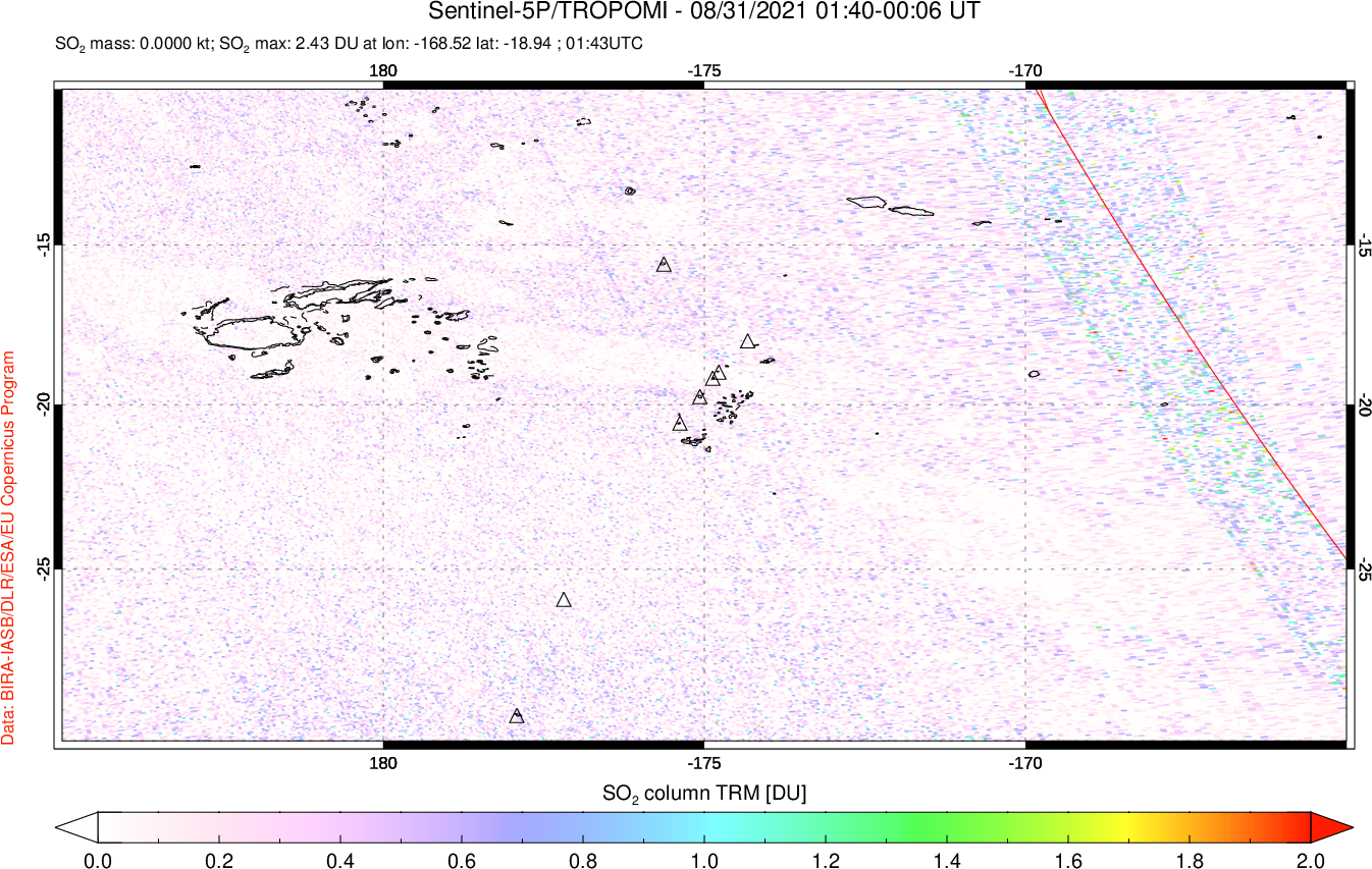A sulfur dioxide image over Tonga, South Pacific on Aug 31, 2021.
