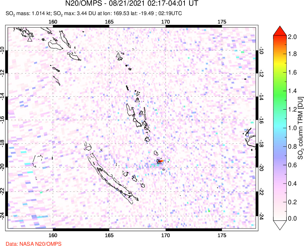 A sulfur dioxide image over Vanuatu, South Pacific on Aug 21, 2021.