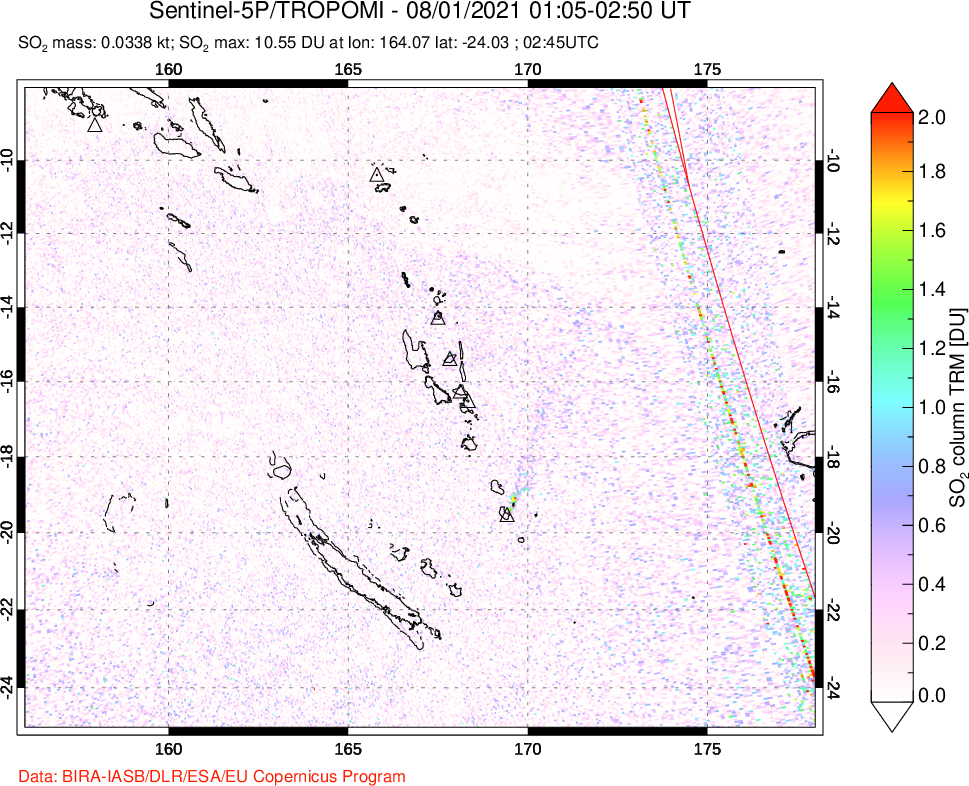 A sulfur dioxide image over Vanuatu, South Pacific on Aug 01, 2021.