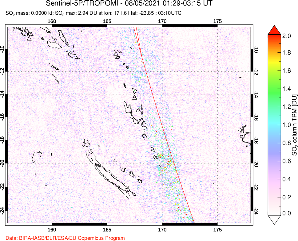 A sulfur dioxide image over Vanuatu, South Pacific on Aug 05, 2021.