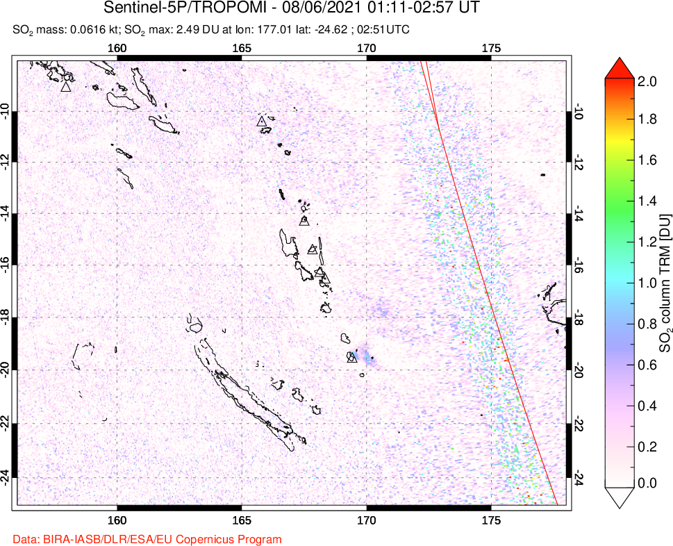 A sulfur dioxide image over Vanuatu, South Pacific on Aug 06, 2021.