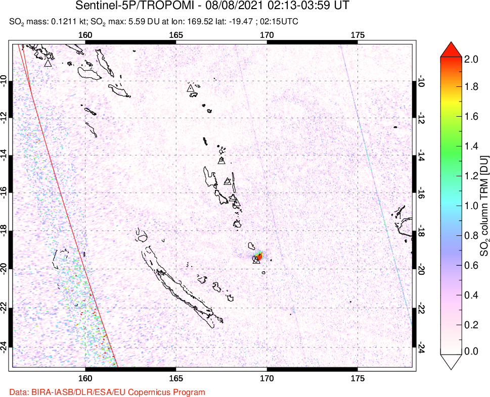 A sulfur dioxide image over Vanuatu, South Pacific on Aug 08, 2021.