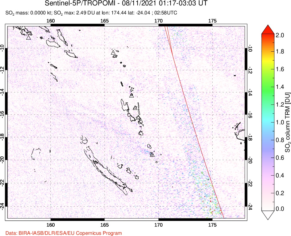 A sulfur dioxide image over Vanuatu, South Pacific on Aug 11, 2021.