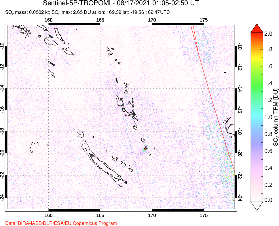 A sulfur dioxide image over Vanuatu, South Pacific on Aug 17, 2021.