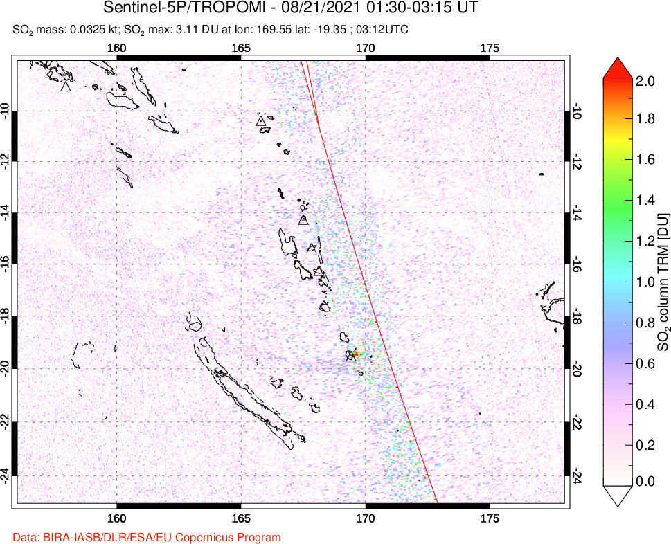 A sulfur dioxide image over Vanuatu, South Pacific on Aug 21, 2021.