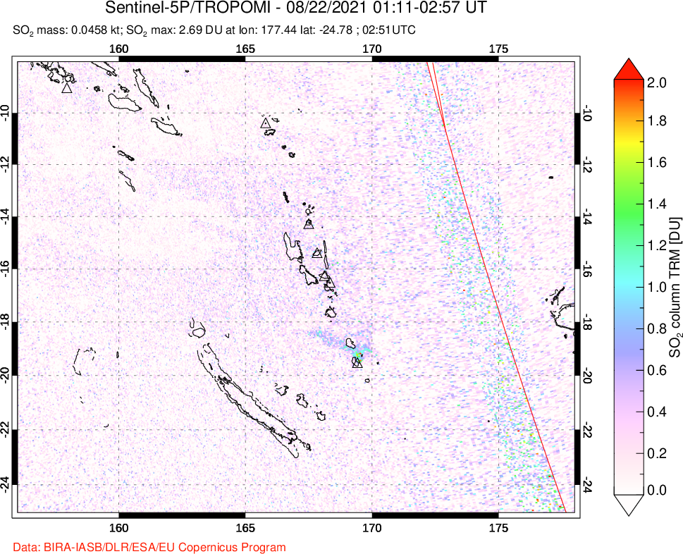 A sulfur dioxide image over Vanuatu, South Pacific on Aug 22, 2021.