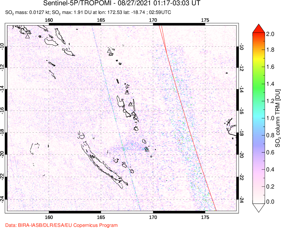 A sulfur dioxide image over Vanuatu, South Pacific on Aug 27, 2021.