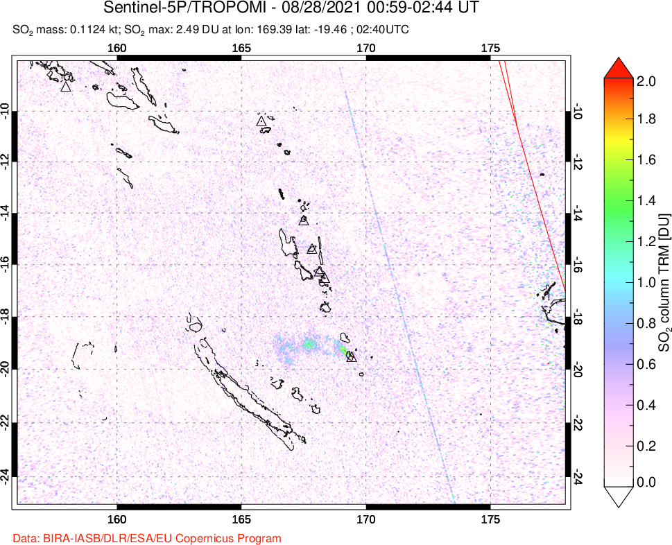 A sulfur dioxide image over Vanuatu, South Pacific on Aug 28, 2021.