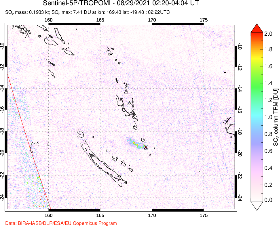 A sulfur dioxide image over Vanuatu, South Pacific on Aug 29, 2021.