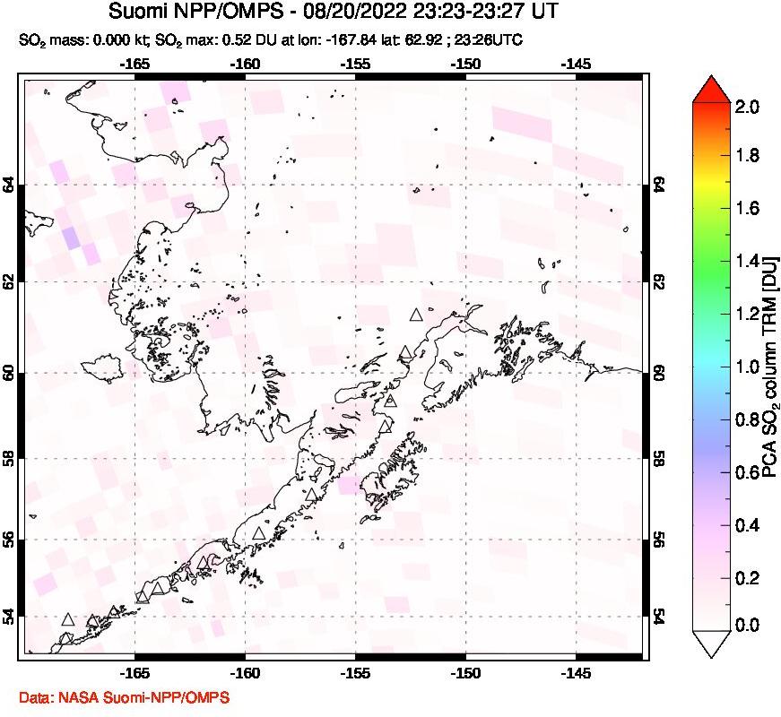 A sulfur dioxide image over Alaska, USA on Aug 20, 2022.