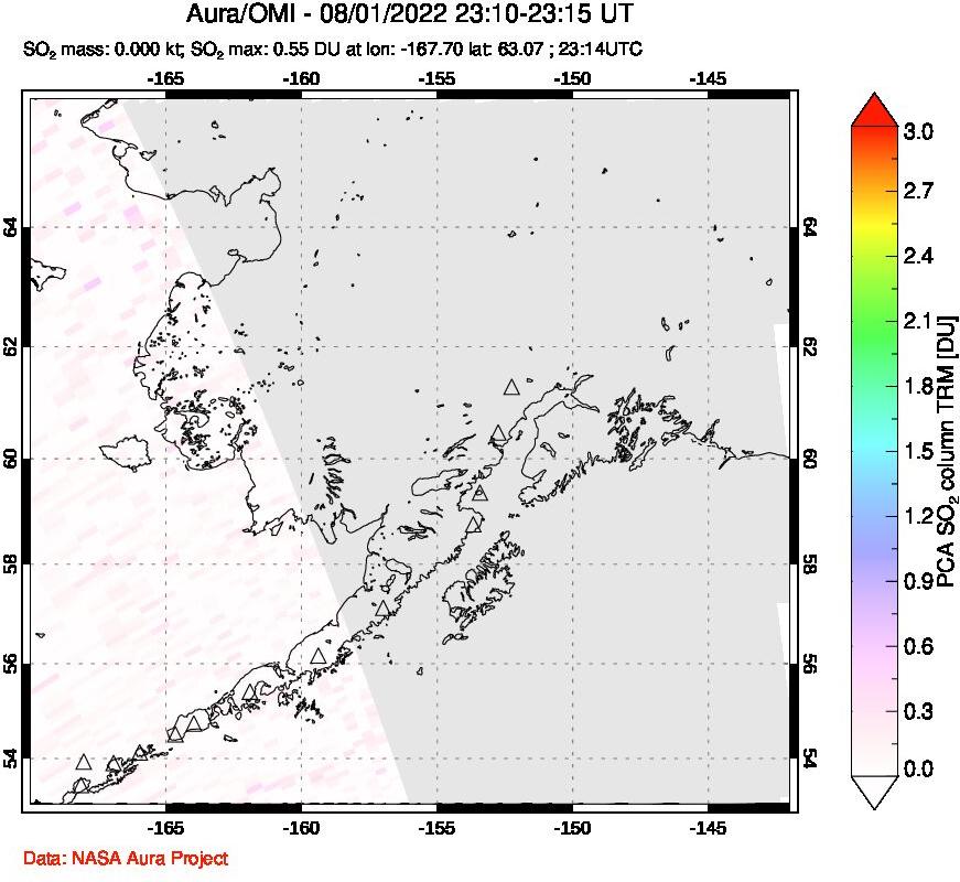 A sulfur dioxide image over Alaska, USA on Aug 01, 2022.