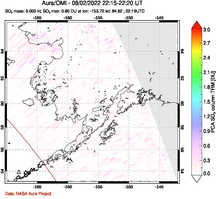 A sulfur dioxide image over Alaska, USA on Aug 02, 2022.