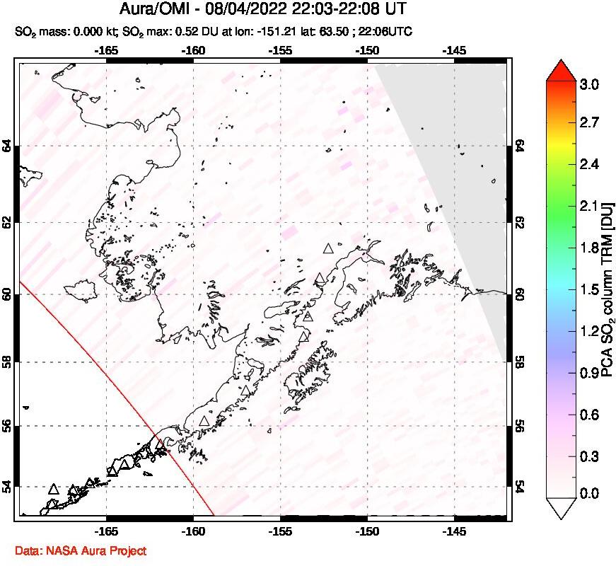 A sulfur dioxide image over Alaska, USA on Aug 04, 2022.
