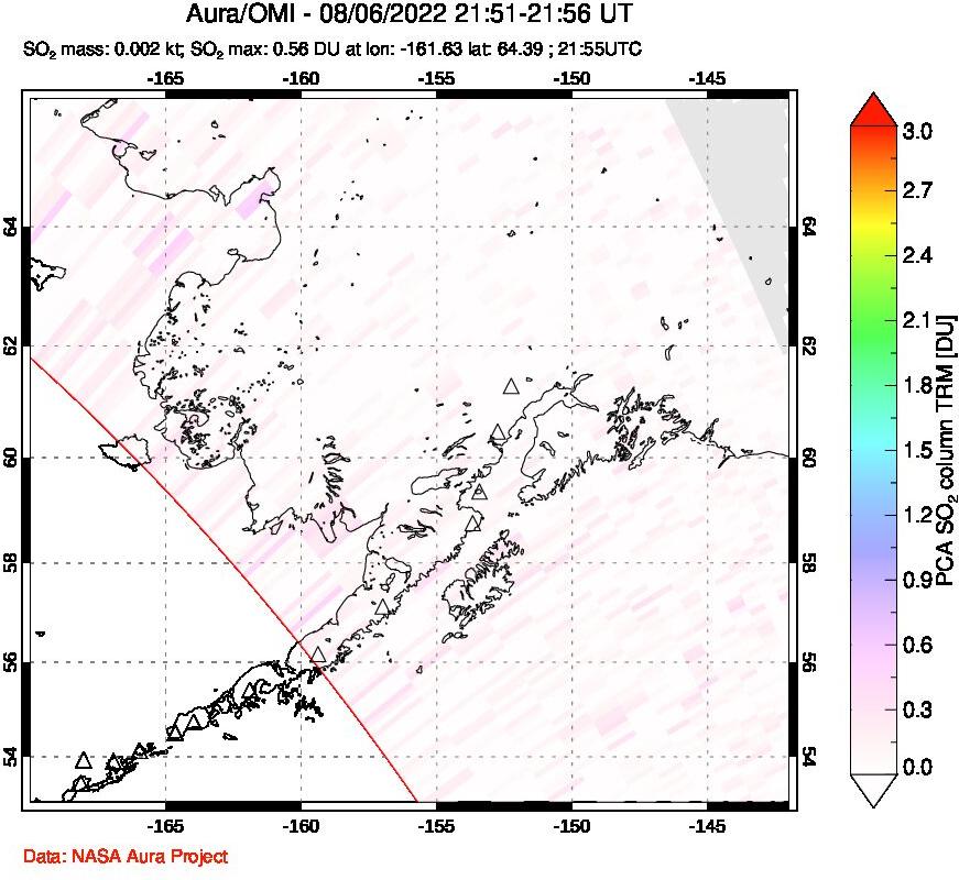 A sulfur dioxide image over Alaska, USA on Aug 06, 2022.